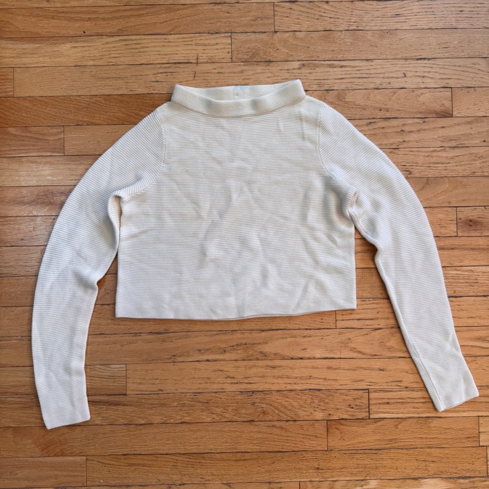 The Limited Cream Ribbed Mock Neck Merino Wool Cropped Sweater M Classic